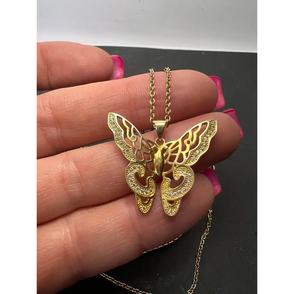 Butterfly CZ gold over sterling silver pendant and chain necklace - Picture 6 of 9